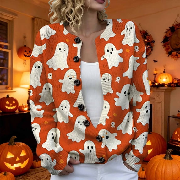 2026 New Halloween Sweaters for Women Casual Knitted Cardigan Pullover Cute Pumpkin Graphic Fall Button Down Tops(Orange2,M)