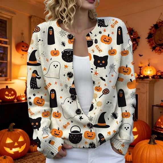 2026 New Halloween Sweaters for Women Casual Knitted Cardigan Pullover Cute Pumpkin Graphic Fall Button Down Tops(White1,XXXXL)