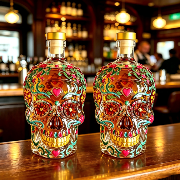 2026 New Hand-Painted Tequila Bottle in Mexican Skull Style, 350Ml Unique Glass Bottle Gift for Lovers Pet for Home Bar Display