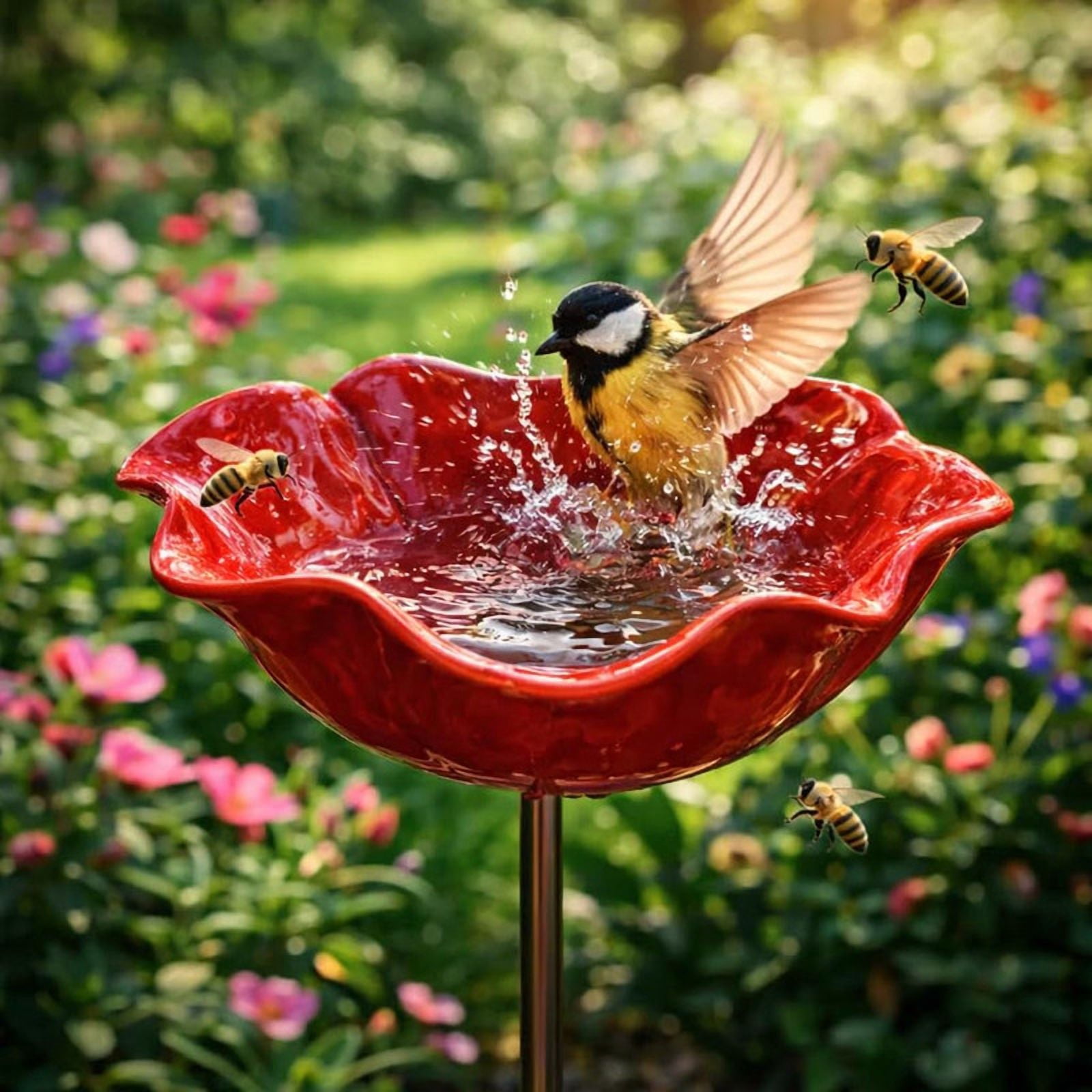 2026 New Handmade Metal Flower Garden Stakes Bird Bath, Bee Watering Station, Bee Bath for Garden Bee Water Feeder with Flower Design, Butterfly Bee Bath Bowl for Outdoor Yard Decor (2PCS)