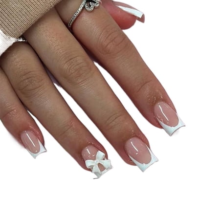 2026 New Handmade Wearable Nails, Purely Handmade White French Edge Bowknot Manicure, False Nails for Women