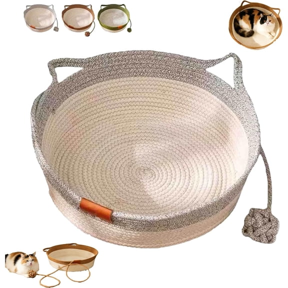 2026 New Handwoven Cat Basket, Breathable Scratchable Foldable Hammock, Cat Ear Design with Playing Ball, All-Season Indoor Comfort Secure Nesting Design