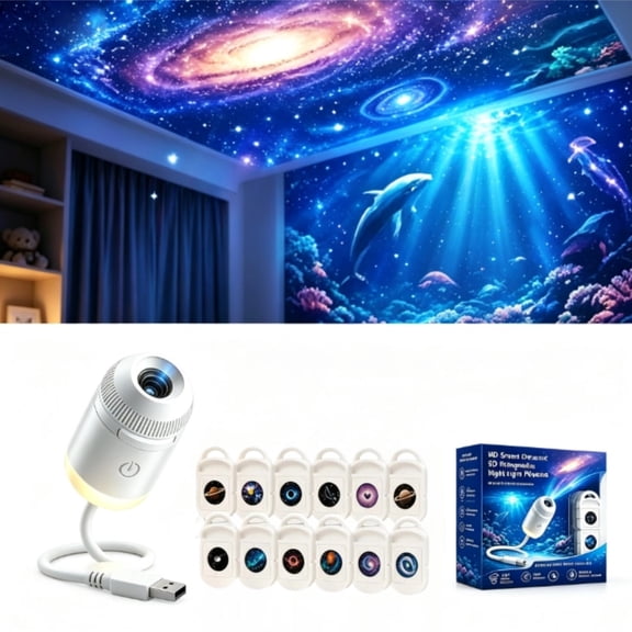 2026 New Hd Smart Dynamic 5d Holographic Night Light Projector, Plug and Play Hd Star Projector, 360° Adjustable Hd Galaxy and Ocean Projector for Bedroom Ceiling,12 Films