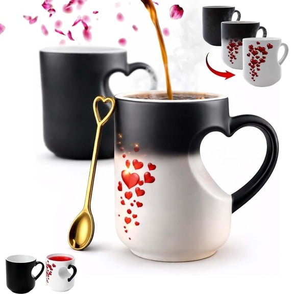 2026 New Heart-Shaped Color Changing Magic Ceramic Mug, Thermochromic Magic Reveal Design, Fun Novelty Coffee Cup For Valentine'S Day, Christmas And Mother'S Day Gifts (2PC)