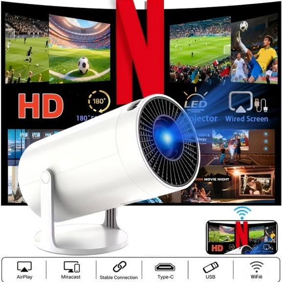 2026 New High-Definition Smart Projector, 50ANSI Home Video Projector, No Screen Required, Bedroom Wall Projection, 180 Rotating Mini Home Theater with Remote Control, Perfect for Office