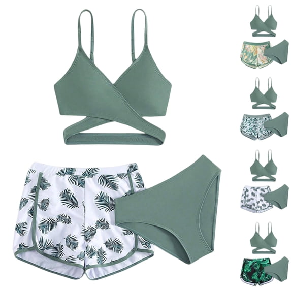 2026 New High Waisted Bikini Sets Sporty Three Piece Swimsuits Color Block Cheeky High Cut Bathing Suits, Bikini Set - Teen Swimwear Separate Top & Bottom for 5-13 Years (Green, 5-6 Years)