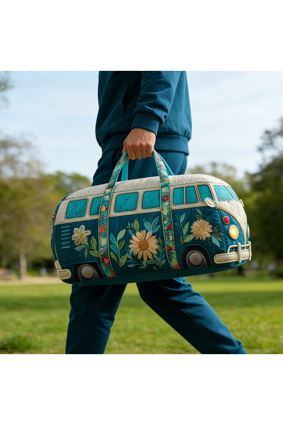 2026 New Hippie Van Quilted Duffle Bag, Boho Travel Weekender Bag with Adjustable Strap, Retro Style for Everyday Travel (#E,Large (18"x9"x9"))