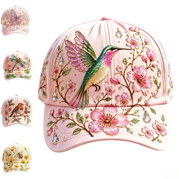 2026 New Hummingbird Baseball Cap for Women/Men, Adjustable 22 to 23.6 Inch Embroidered Garden Morning Cap, Rhinestone Floral Pink Caps