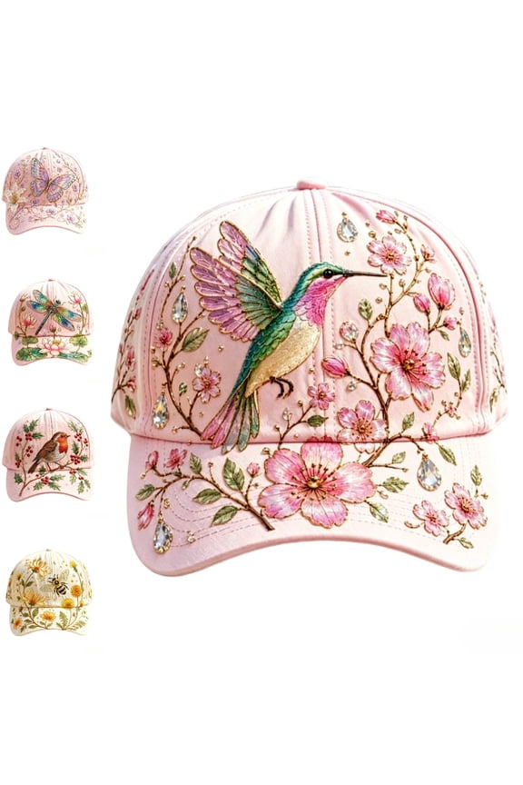2026 New Hummingbird Baseball Cap for Women/Men, Adjustable 22 to 23.6 Inch Embroidered Garden Morning Cap, Rhinestone Floral Pink Caps