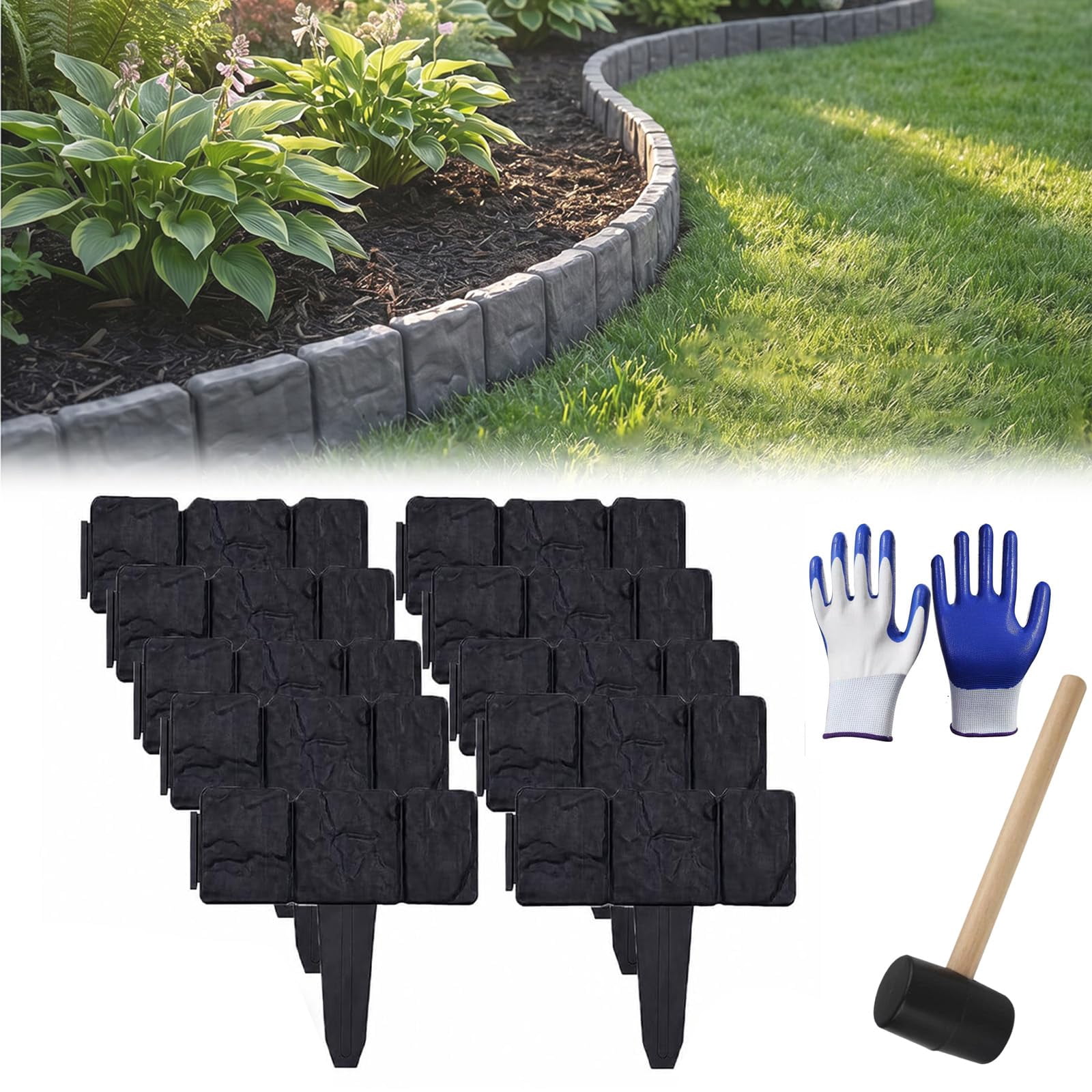 2026 New Imitation Stone Garden Fence, No Dig Landscape Edging Border, Plastic Interlocking Flower Bed Edging Borders Stone for DIY Outdoor Patio Balcony Yard Landscaping