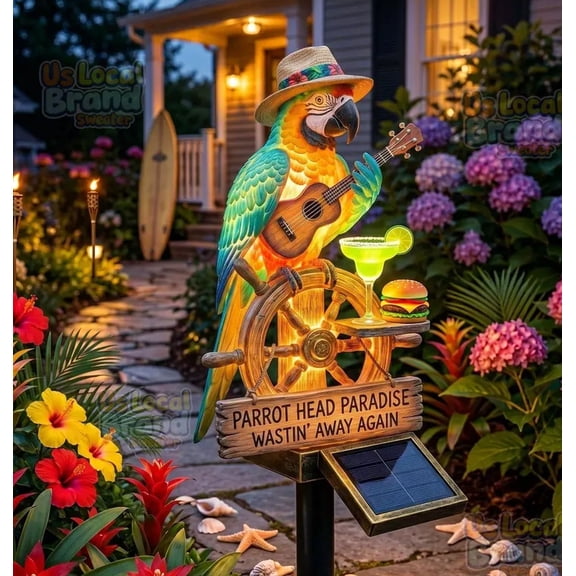 2026 New Jimmy Buffett Tropical Parrot Solar Garden Light, Light-Up Resin Island Parrot Solar Lamp All-Weather Summer Halloween Decorations for Backyard Leisure Space, 18in