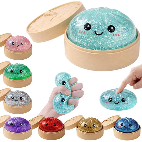 2026 New Jumbo Dumpling Squishy Toys, 3.94 Inch Assorted Steamed Bun with Steamer, Glitter Squeeze Stress Ball, Soft Sensory Dough, Giant Decompression Pastry for Ages 3+