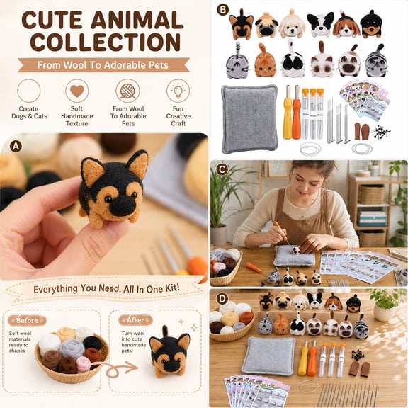 2026 New Kawaii Pet Needle Felting Kit, Multi Design Cat Dog Felting Wool Set, Cute Handmade Plush Craft Making Kit