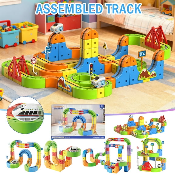 2026 New Klick Rail Electric Train Set – Flexible Gravity-Defying 3D Race Track, Magical Track Train USB Rechargeable Cube Track with Signs STEM Educational Toy for Ages 4-8 (67PCS)