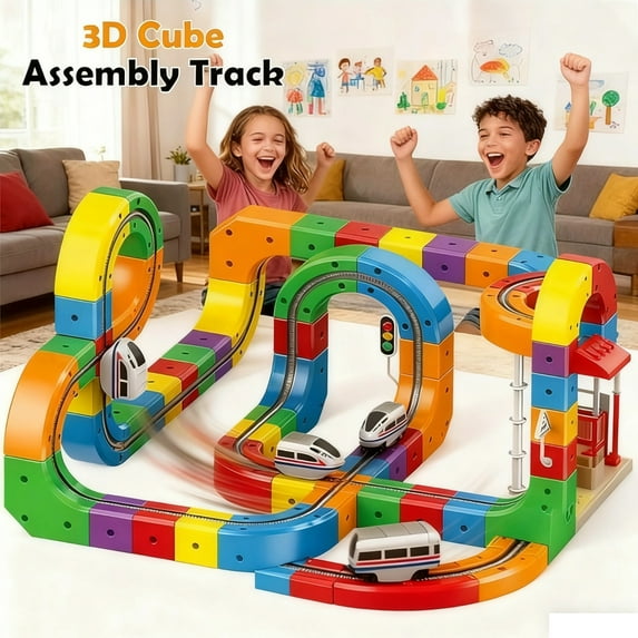 2026 New Klick Rail Electric Train Set – Magical Track Train Flexible Gravity-Defying Race Track, USB Rechargeable 3D Building Cube Track with Signs STEM Toy for Ages 4-8 (76PCS)