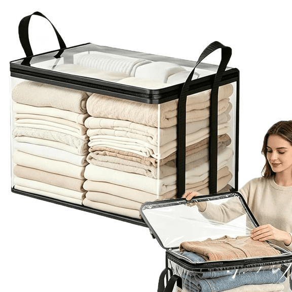2026 New Large Clear Thick Plastic Storage Box With Hinged Lid - Heavy Duty Foldable Organizer Bag, Thick Clear Storage Bin with Sturdy Handles for Home Organization