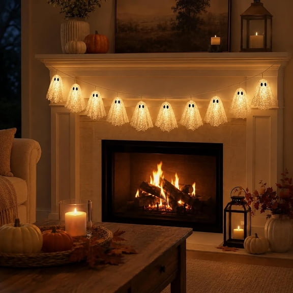 2026 New Lighted Lace Ghost Garland, Halloween Lace Ghost String Lights, Warm White LED Fairy Lights Battery Operated, Spooky Ghost Hanging Decorations for Indoor Mantel Fireplace Party Home Decor