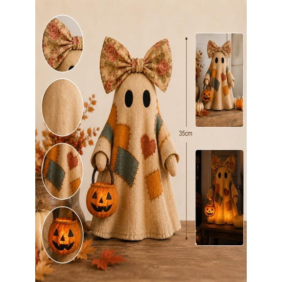 2026 New Lighted Vintage Patchwork Ghost, 13.78 Inch LED Light up Fabric Ghost Lamp with Floral Bow & Pumpkin Lantern, Ghost Figurine Rustic Fall Halloween Decor Statue for Mantel, Shelf