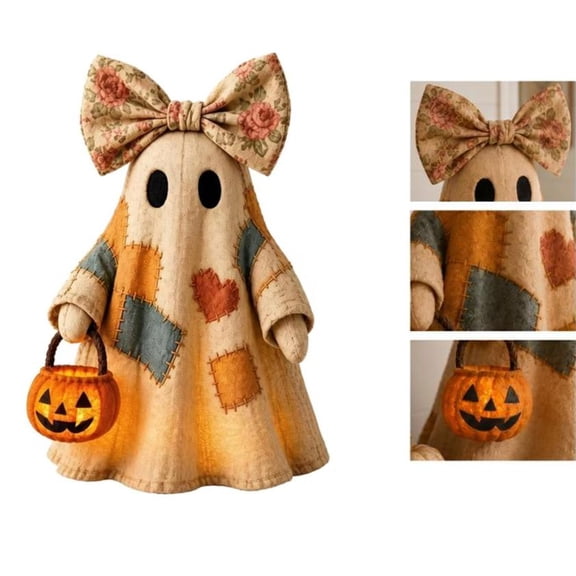 2026 New Lighted Vintage Patchwork Ghost with Floral Bow – Cozy Cottagecore Halloween Decor – Durable Resin Patchwork Ghost Decoration for Porch – Festive Summerween Decoration Prop