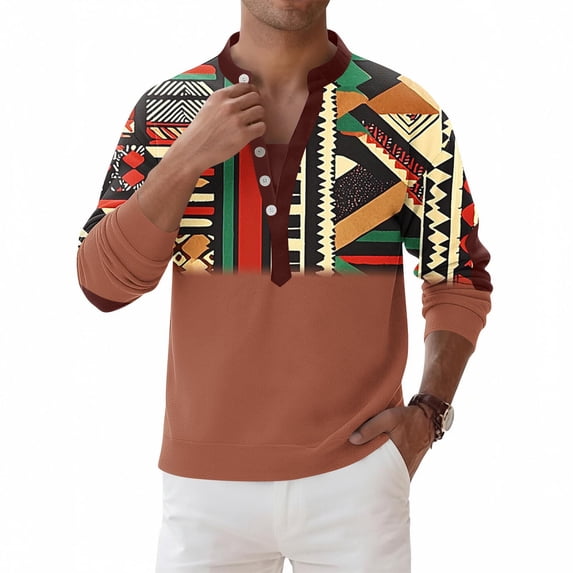 2026 New Limit-time Offer, Men's Casual Long Sleeve T-Shirt Fashion Printed Blouse V Neck Buttons Top Comfy Retro Pullover Shirts for Daily Work Outdoor Spring Fall