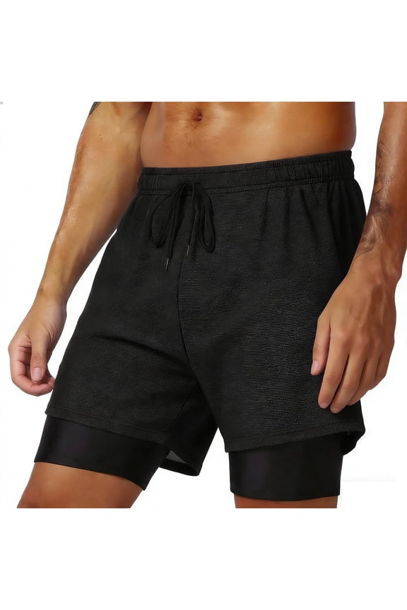 2026 New Limit-time Offer, Men's Casual Shorts Solid Color Fake Two Piece Double-Layer Breathable Quick Dry Sports Fitness Training Pockets Elastic Waist for Beach Swimming Gym Summer