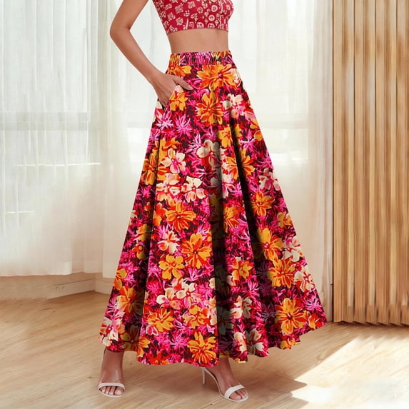 2026 New Limit-time Offer, Women's Casual Maxi Skirt High Waist Printed Boho Elastic Waist Long Skirt with Pockets A Line Ruffled Hem Stretchy Bodycon for Office Beach Party