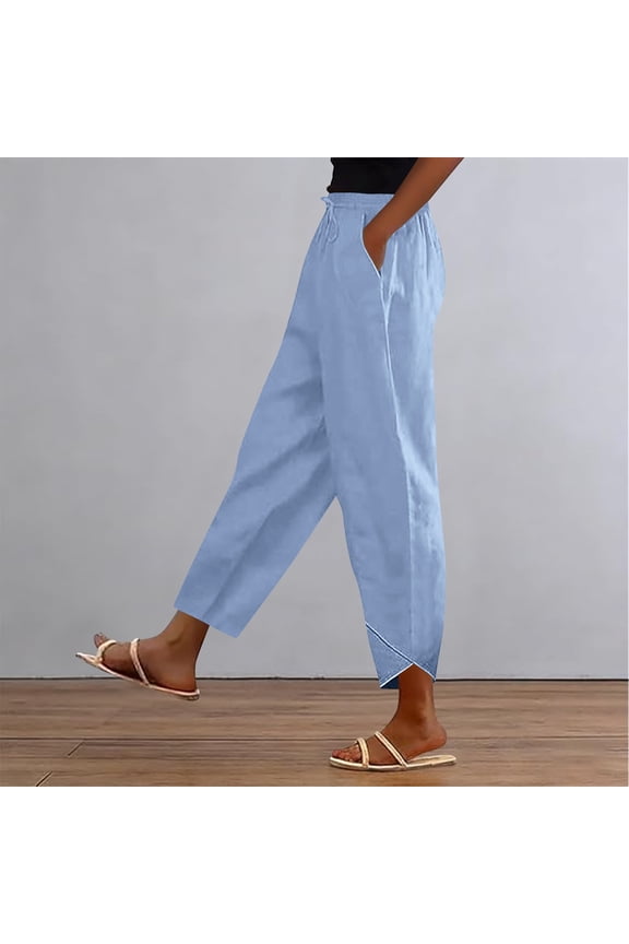 2026 New Limit-time Offer, Women's Casual Pants Solid Color High Waist Elastic Linen Blend Pockets Breathable Comfortable Fabric for Spring Summer Daily Vacation Beach Wear