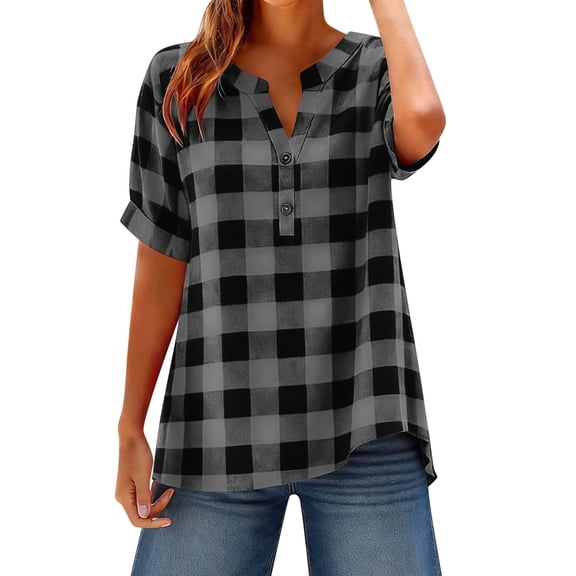 2026 New Limit-time Offer, Women's Casual Shirt Short Sleeve Button-up Linen Checkered V-Neck Loose Fit Breathable Soft Fabric for Summer Daily Party Vacation Work Fashion Top