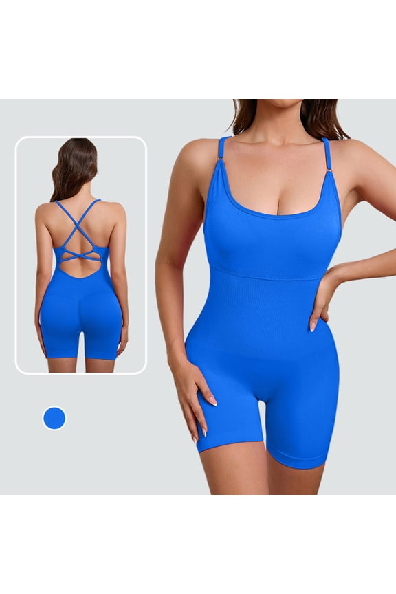 2026 New Limit-time Offer, Women's Jumpsuit Bodysuit Summer Solid Color with Padded Bra Backless Strappy Sports Clothes Shapewear Yoga Dance Gym Outfit Seamless Shorts