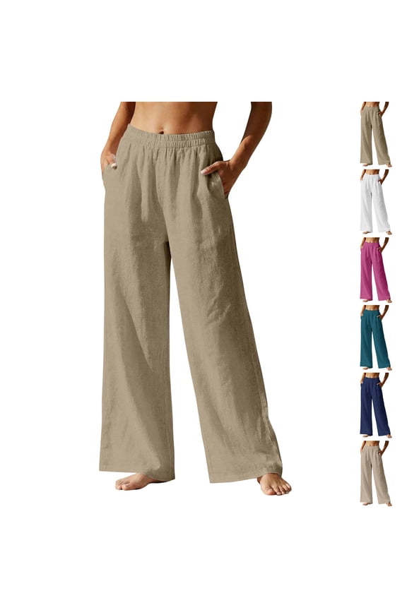 2026 New Linen Pants for Women High Waisted Uncuffed Wide Leg Capri Elastic Waist Casual Beach Flowy 3/4 Cropped Summer Capris Pants 25"/26" Inseam Khaki XL