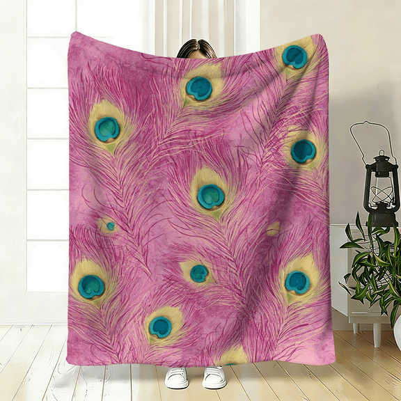 2026 New Luxury Peacock Feather Plush Blanket, Super Soft Warm All-Season Bedspread Throw in Pink Brown Blue White Black Grey Beige, Machine Washable Sofa Bed Travel Camping Cover