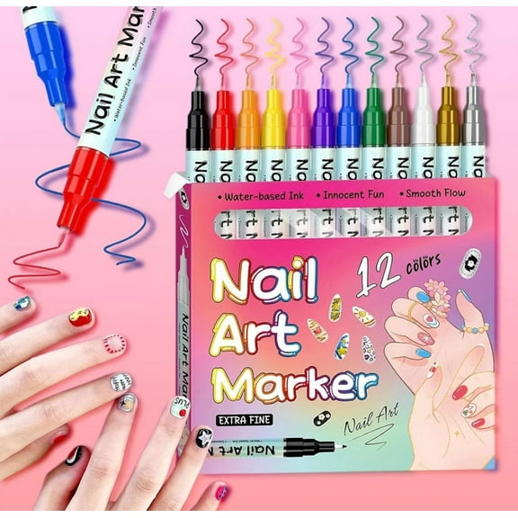 2026 New Magiart Waterproof Nail Art Pen, 0.5mm Fine Tip Waterproof Nail Art Pens, Smooth Even Application, Quick-Drying Smudge Proof Nail Polish for DIY Dotting Painting Liner Designs 12PC