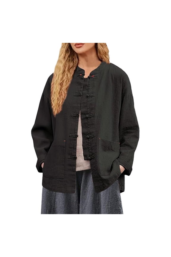 2026 New!Mandarin Collar Frog Button Long Sleeve Chinese Style Casual Jacket Oriental Top