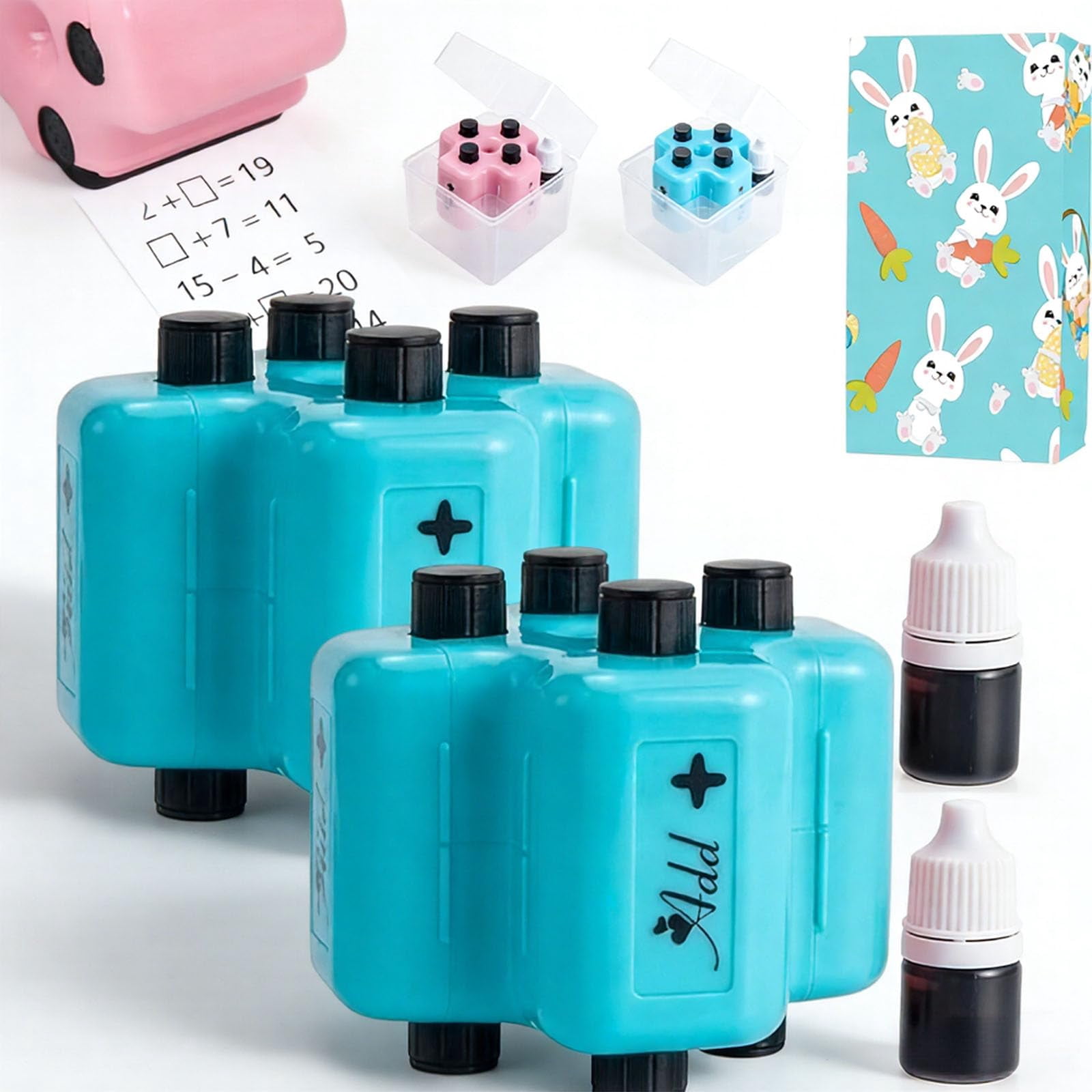 2026 New Math Roller Stamp, 4 in 1 Math Practice Roller Stamp Set, Math Teacher 4 in 1 Roller Stamp Refill Ink, Addition, Subtraction for Classroom & Home Use (Pink*1)