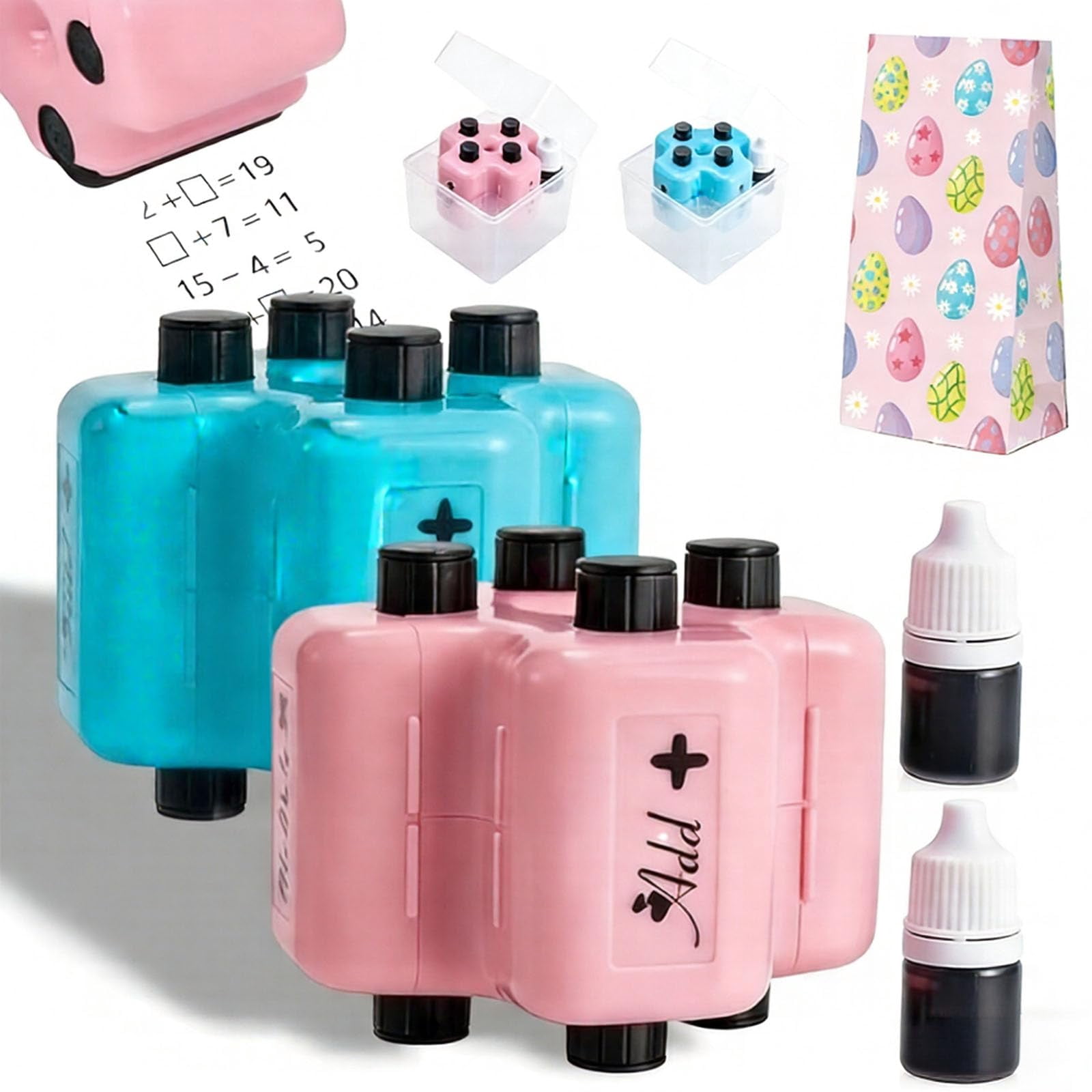 2026 New Math Roller Stamp, 4 in 1 Math Practice Roller Stamp Set, Math Teacher 4 in 1 Roller Stamp Refill Ink, Addition, Subtraction for Classroom & Home Use (Pink*1)