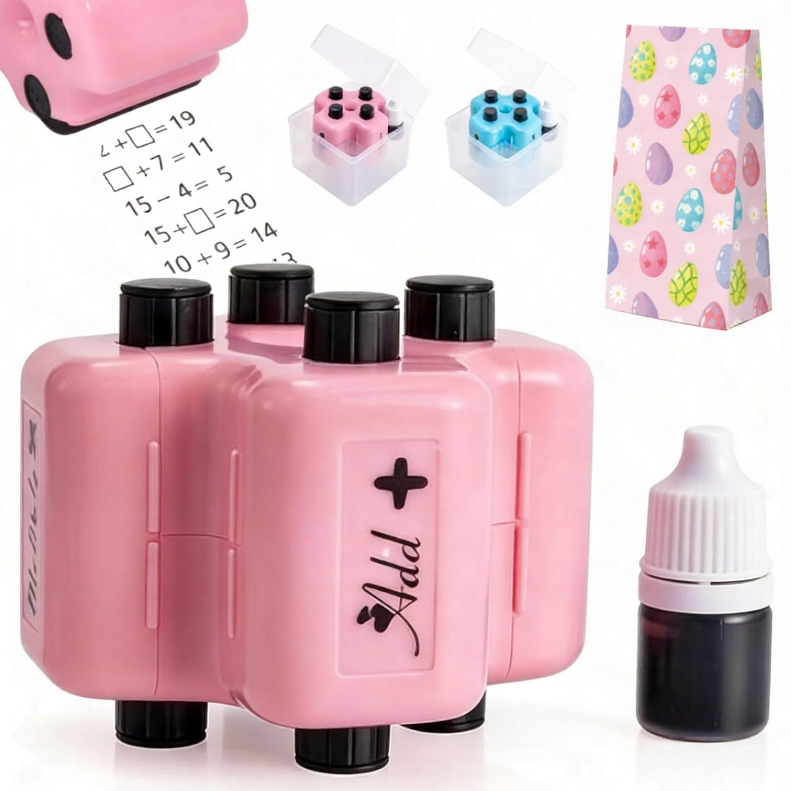 2026 New Math Roller Stamp, 4 in 1 Math Practice Roller Stamp Set, Math Teacher 4 in 1 Roller Stamp Refill Ink, Addition, Subtraction for Classroom & Home Use (Pink*1)