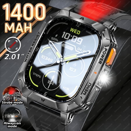The 2026 New Men'S Outdoor Sports Smart Watch Features a Massive 1400Mah Battery for Extended Usage, a 2.01-Inch 360*360 HD Full-Screen Touch Display, a Powerful LED Flashlight