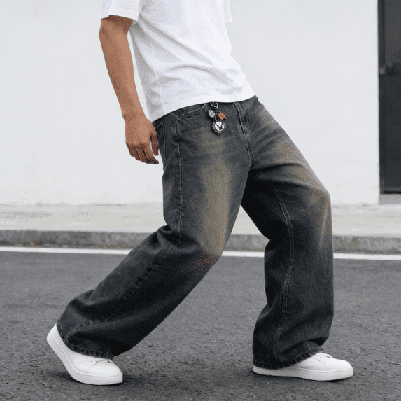 2026 New Men's Black Gray 100% Cotton Oversized Wide-Leg Jeans: Durable Vintage Denim | Standard Sizing (30-40)