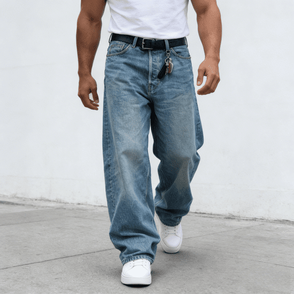 2026 New Men's Black Gray 100% Cotton Oversized Wide-Leg Jeans: Durable Vintage Denim | Standard Sizing (30-40)