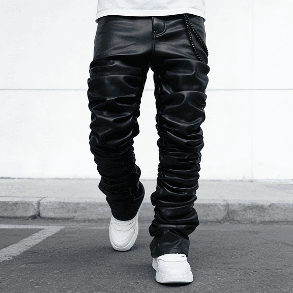 2026 New Men's Black Ruched Faux Leather Stretch Pants: Flexible Sleek Casual Pants | Standard (30-40) & Big & Tall (1XL-6XL) Sizing