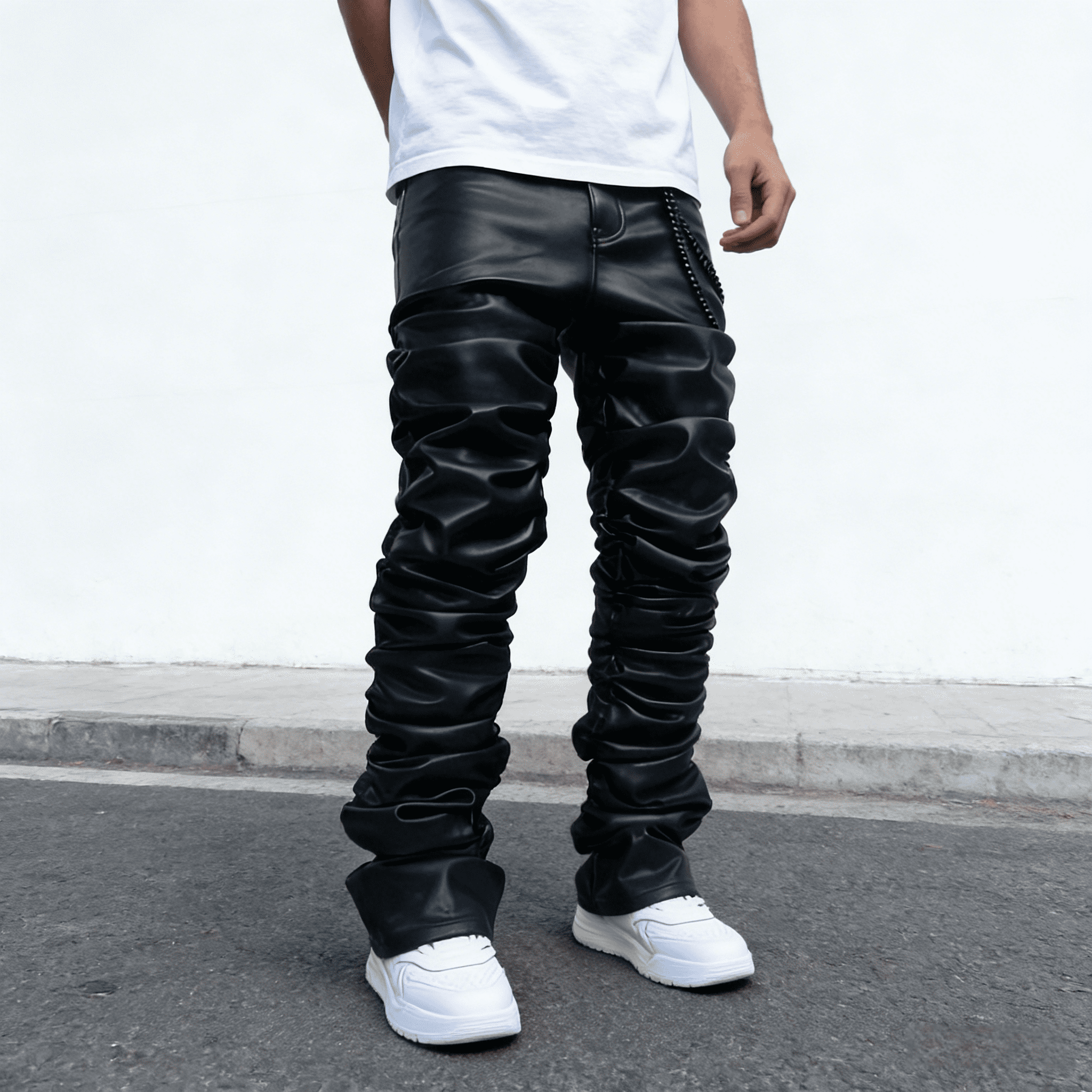 2026 New Men's Black Ruched Faux Leather Stretch Pants: Flexible Sleek Casual Pants | Standard (30-40) & Big & Tall (1XL-6XL) Sizing