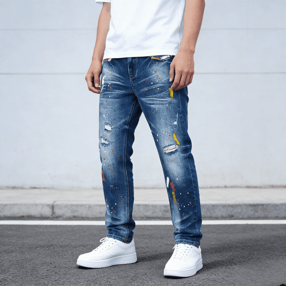 2026 New Men's Blue Paint-Splatter Distressed Stretch Jeans: Flexible Durable Denim | Standard Sizing (30-40)