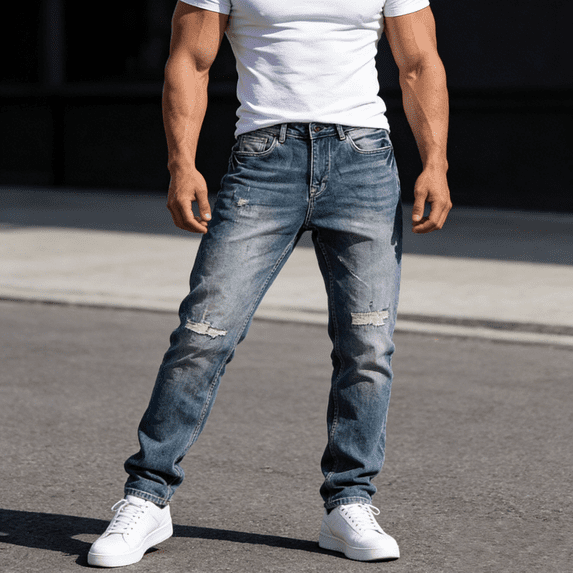 2026 New Men's Light Wash Distressed Straight Leg Stretch Jeans: Durable Flex Denim | Standard Sizing (30-40)