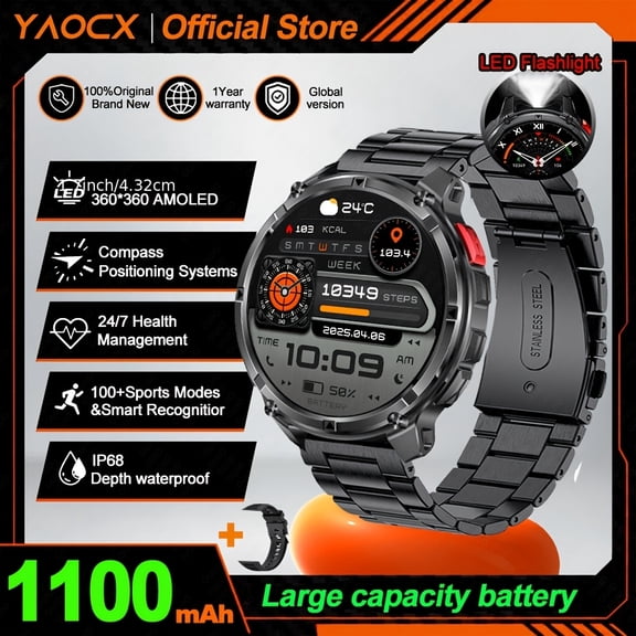 2026 New Men's Sports GPS Smart Watch, 1.7" 360*360 IPS Touch, 24 Multi-Language, 1100mAh Li-Po Battery, USB Magnetic Charging, Compass, GPS LED, Motion Track, Call Message Alerts