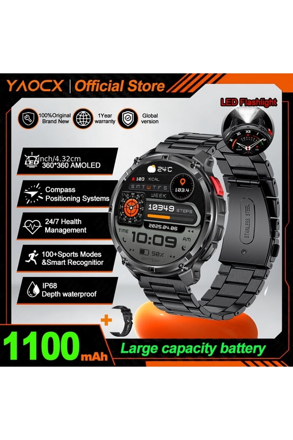 2026 New Men's Sports GPS Smart Watch, 1.7" 360*360 IPS Touch, 24 Multi-Language, 1100mAh Li-Po Battery, USB Magnetic Charging, Compass, GPS LED, Motion Track, Call Message Alerts