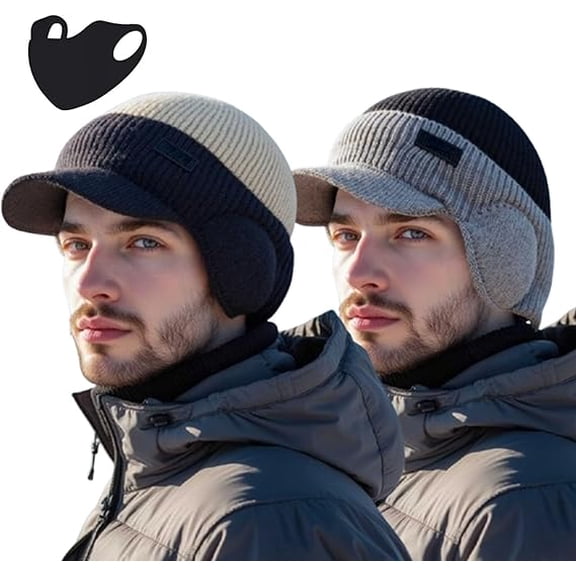 2026 New Men's Winter Knitted Earflap Hat, Men's Knit Winter Hat, Warm Line Knitted Outdoor Caps for Men Women(2pcs)