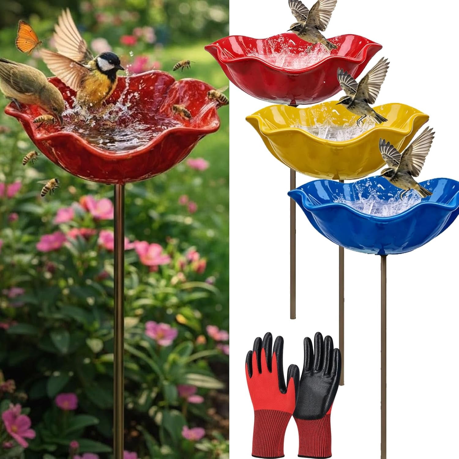 2026 New Metal Flower Garden Stakes Bird Bath, Handmade Metal Flower Garden Stake, Butterfly Feeders for Outdoors with Bee Bath & Bird Water Bowl (3PCS)