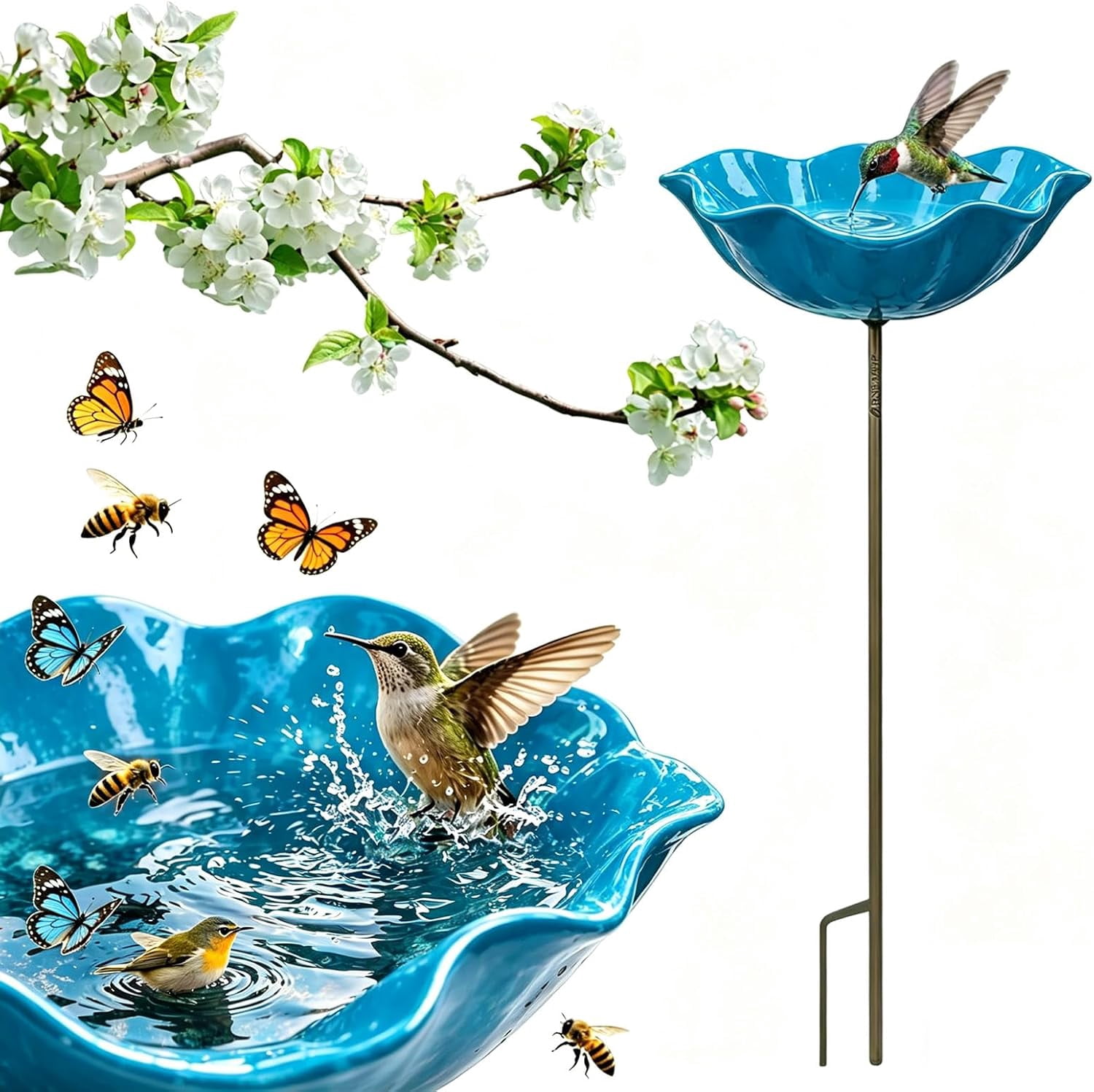 2026 New Metal Flower Garden Stakes Bird Bath, Handmade Metal Flower Garden Stake, Butterfly Feeders for Outdoors with Bee Bath & Bird Water Bowl (Blue, 1PC)