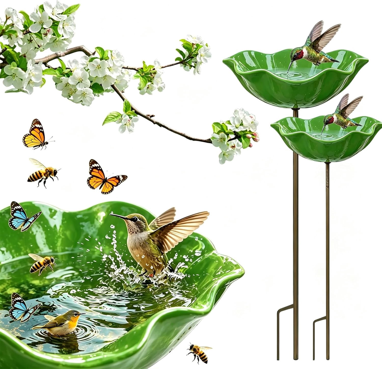 2026 New Metal Flower Garden Stakes Bird Bath, Handmade Metal Flower Garden Stake, Butterfly Feeders for Outdoors with Bee Bath & Bird Water Bowl (Green, 2PCS)