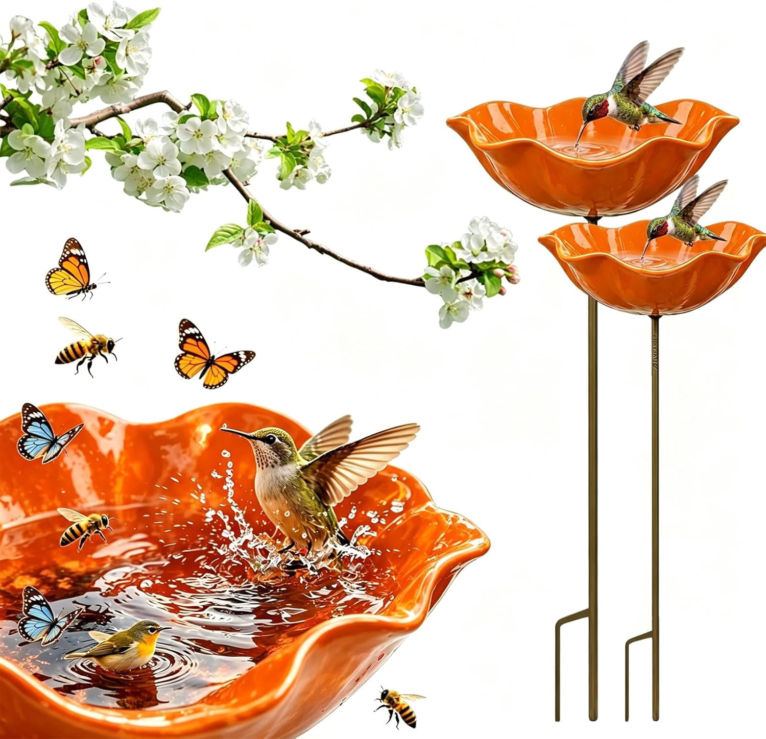 2026 New Metal Flower Garden Stakes Bird Bath, Handmade Metal Flower Garden Stake, Butterfly Feeders for Outdoors with Bee Bath & Bird Water Bowl (Orange, 2PCS)